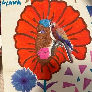 Colorful Art Piece with Bird and Flower